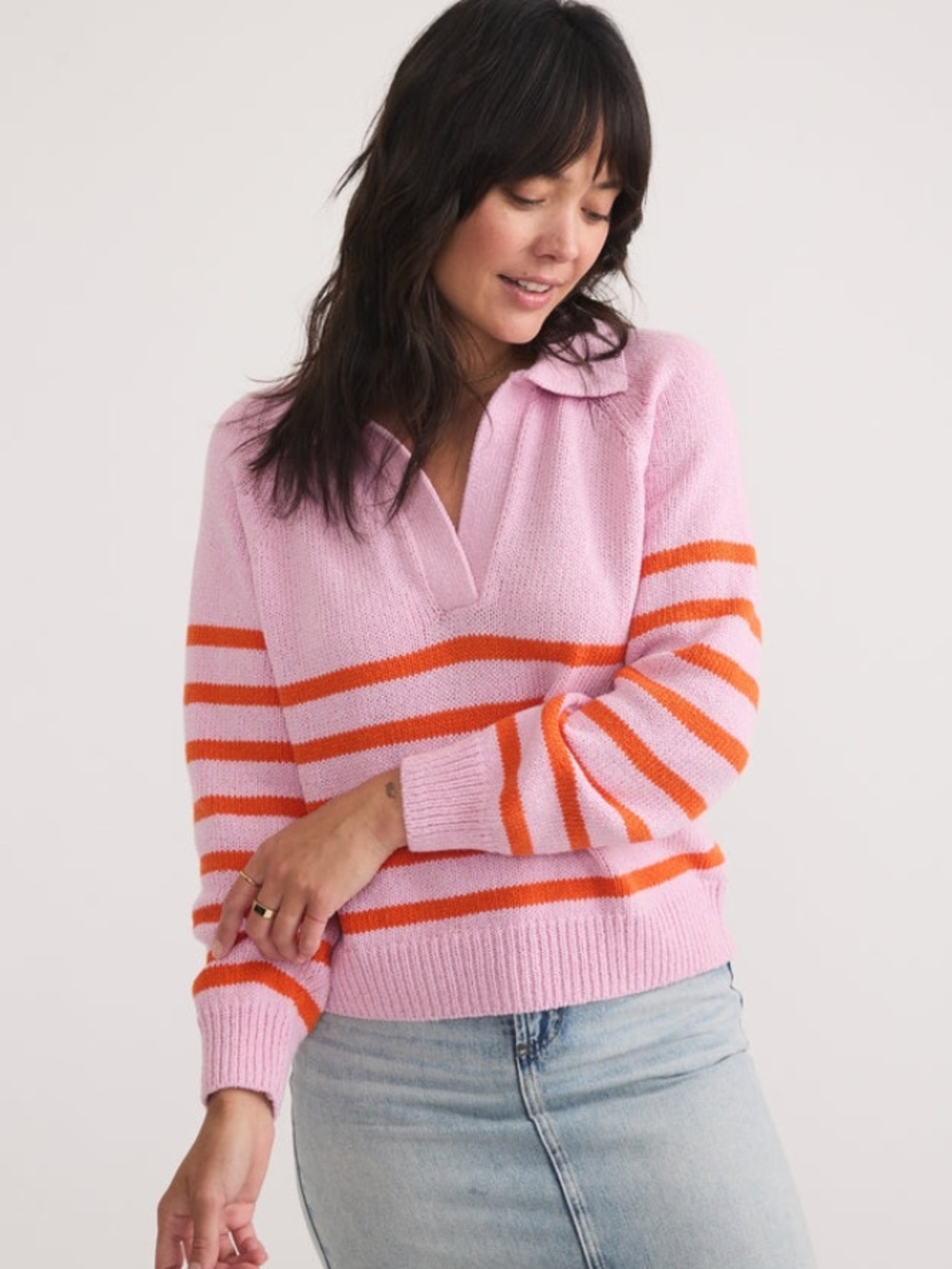 Marine Layer Claire Relaxed Sweater Polo Merino Wool Cotton Large Pink NWT